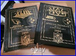 2pc Rare Leather Official Super Bowl XL & XLIII Program Book Hard Cover New