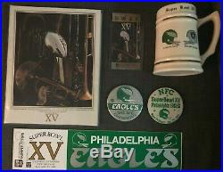 Lot (6) 1981 Super Bowl XV Raiders Eagles items program ticket mug pins sticker