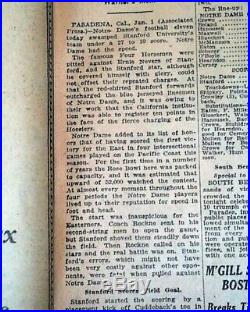 NOTRE DAME Knute Rockne & Four Horsemen ROSE BOWL Football Winner 1925 Newspaper