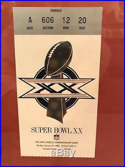 Super Bowl XX Chicago Bears New England Patriots Ticket Stubs & Program framed