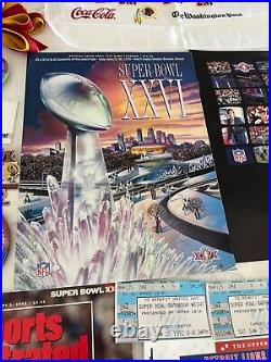 Super Bowl XXVI tickets, program, pin, Sports Illustrated, newspaper, cushions